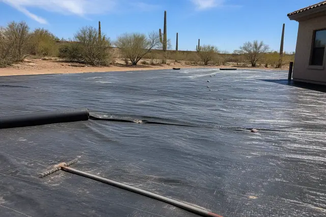 Weed barrier fabric laid out on desert soil at a landscaping jobsite in Glendale, AZ with rakes nearby.