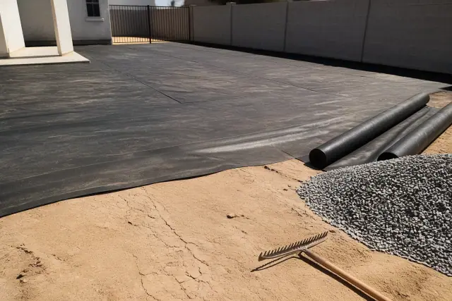 Landscape site in Mesa, AZ featuring weed barrier fabric, a pile of grey granite, and a rake on dirt.