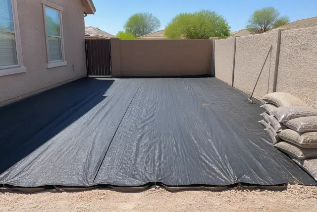 Black weed barrier fabric laid over soil in a Chandler, AZ residential yard, awaiting decorative rock installation.