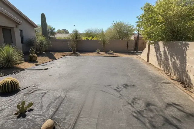 Weed barrier fabric laid over a flat landscape foundation in Peoria, AZ with desert plants and sharp sunlight shadows.
