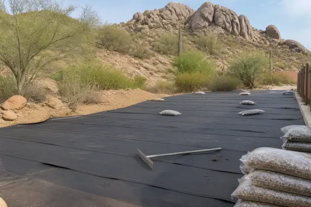 Weed barrier fabric laid out with bags of stone and a metal rake at a jobsite in Cave Creek, AZ.