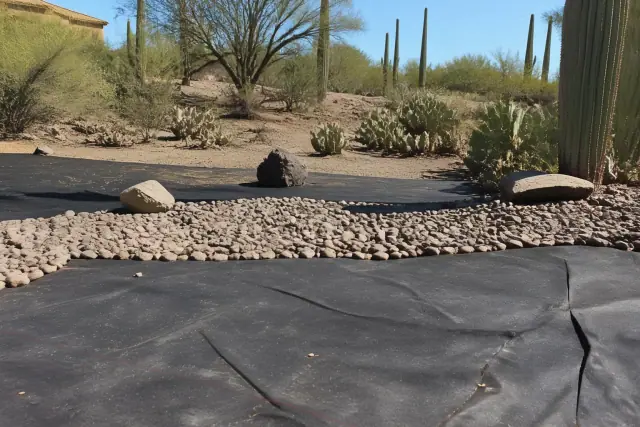 Decorative crushed granite and river rock landscaping with desert cacti in Paradise Valley, AZ.