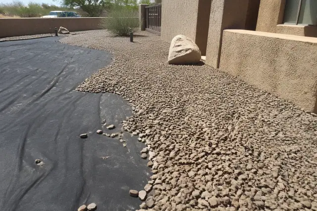Freshly laid desert gravel landscaping over weed barrier fabric at a residential yard in Scottsdale, AZ.