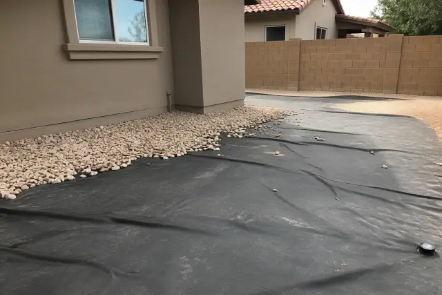 Weed barrier fabric and decorative rock on a residential landscaping project in Goodyear, AZ.