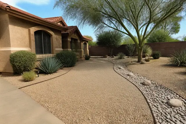 Completed rock and gravel landscaping with steel edging and drought-tolerant plants at a home in Gilbert, AZ.