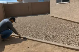 Worker inspecting the edge of a finished decorative rock landscape against a stucco wall in Phoenix, AZ.