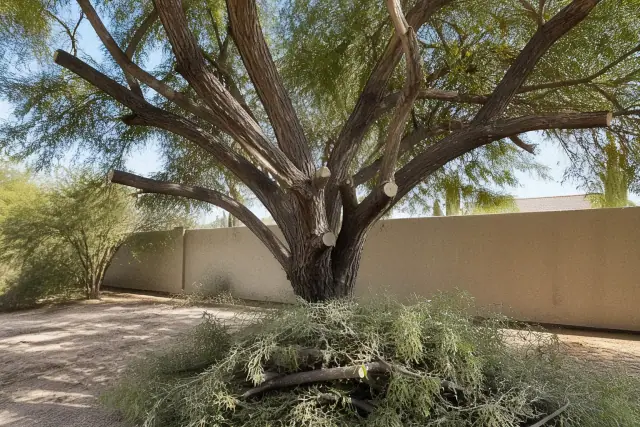 A pruned tree with fresh branch cuts and a pile of trimmings on the ground at a home in Phoenix, AZ.