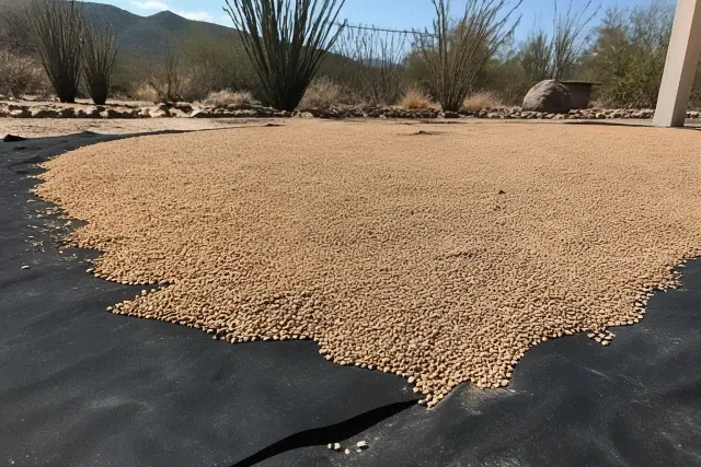 Screened decorative gravel spread over weed barrier fabric in a Phoenix, AZ landscape with ocotillo cactus in the background.