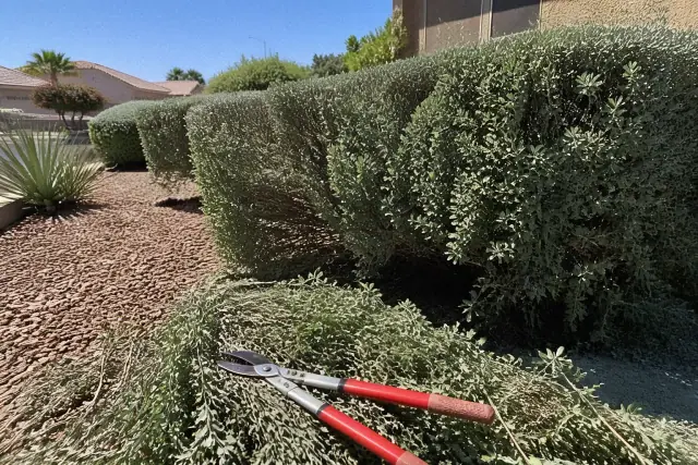 Hand-pruning an untrimmed desert shrub hedge in Phoenix, AZ, with organic clippings on the ground.