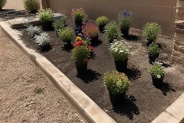 Seasonal flowers and perennials in nursery pots ready for planting in a garden bed in Phoenix, AZ.