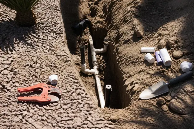 Exposed irrigation pipes and sprinkler heads in a narrow trench during a system repair in Phoenix, AZ.