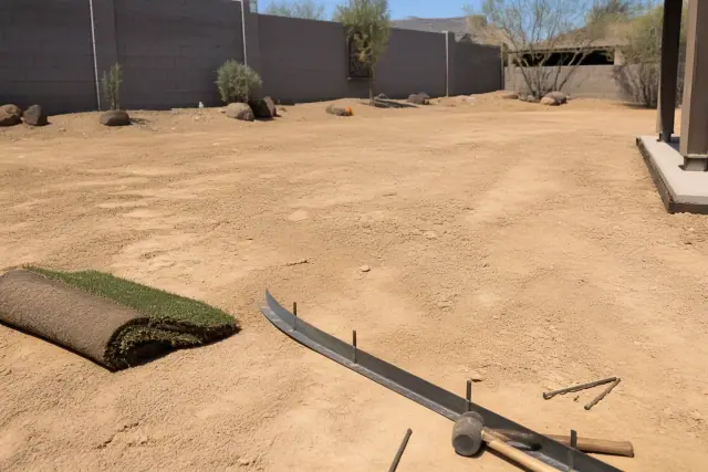 Raw soil prepared for seasonal turf installation in Phoenix, AZ, with organic topdressing under bright sunlight.