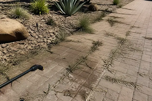 Selective post-emergent weed treatment on a paved path in Phoenix, AZ, with visible wilting weeds between stones.