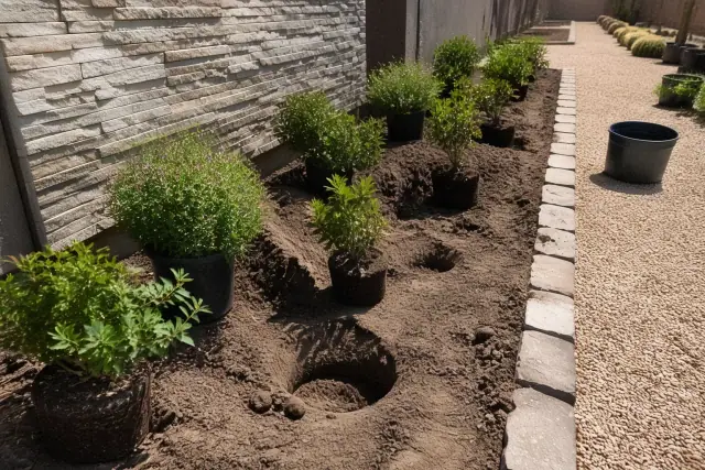 Partially dug holes with root balls for shrub and hedge planting in a Phoenix, AZ garden planter bed.