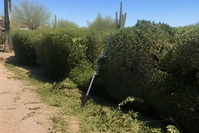 Untrimmed hedge with shears on desert gravel in front of a beige stucco wall at a residential property in Phoenix, AZ.