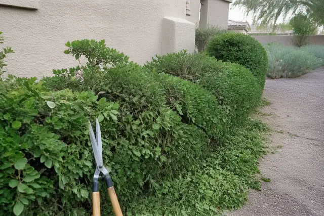 Manual hedge shears resting on a partially trimmed bush in a residential yard in Tempe, AZ.