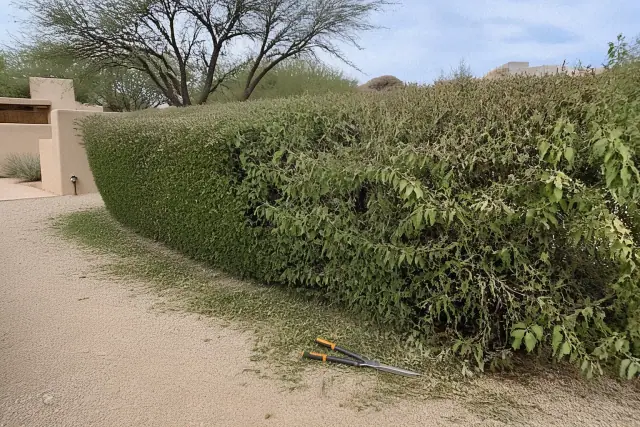 Professional hedge shears resting against a partially trimmed shrub row in Cave Creek, AZ.