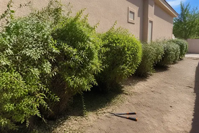Untrimmed hedge with hand shears on the ground near a stucco wall in Mesa, AZ.
