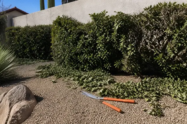 Untrimmed bushes being shaped in a desert landscape in Paradise Valley, AZ with hedge trimmers on the ground.