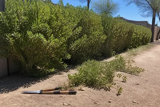 Untrimmed hedge with pruning shears and clipped branches on desert soil in Phoenix, AZ.