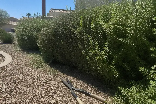Untrimmed bushes and hedge shears in a xeric desert yard during landscaping work in Chandler, AZ.