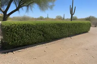 Precisely manicured hedge with sharp edges and saguaro cacti in a Phoenix, AZ landscape.