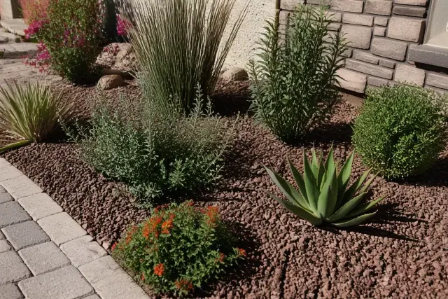 Newly planted desert shrubs and ground cover with red volcanic rock mulch at a residential landscape in Phoenix, AZ.
