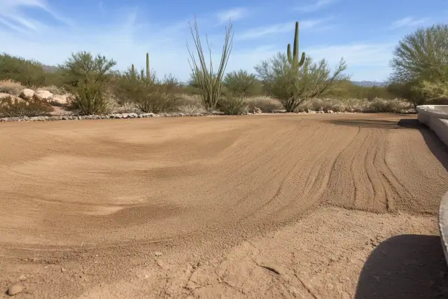 Graded dirt soil prepared for landscaping with visible drainage slopes and desert cacti in the background in Phoenix, AZ.