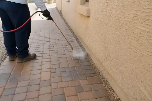 Technician using a spray wand to apply herbicide to weeds in gravel joints at a job site in Phoenix, AZ.