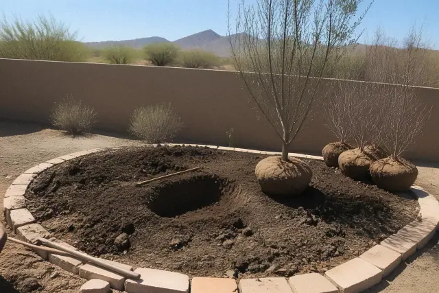 Newly dug holes and burlap-wrapped root balls in a garden bed ready for transplanting in Phoenix, AZ.