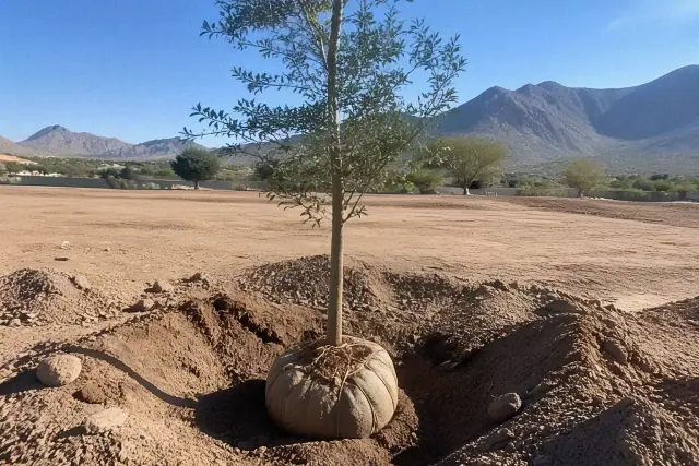 A newly planted sapling with exposed burlap root ball in a barren dirt plot in Phoenix, AZ.