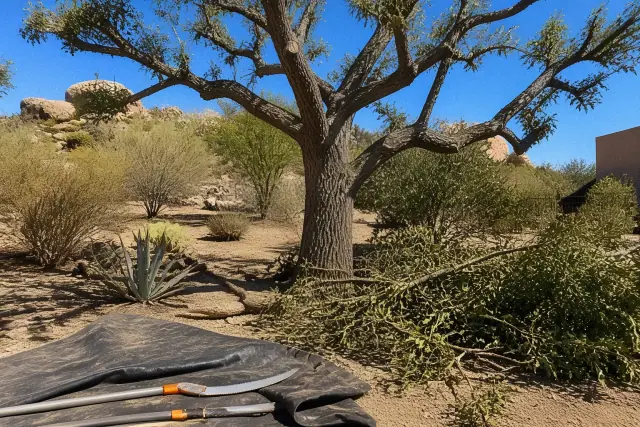 Pruning saws and branch clippings at the base of a mature tree in the Sonoran Desert landscape of Cave Creek, AZ.