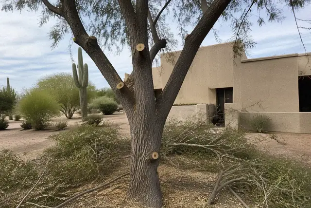 Tree trimming work in progress with branch debris and a saguaro cactus in a Scottsdale, AZ yard.