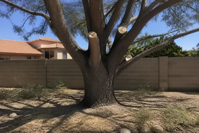 Tree trimming in progress with canopy thinning and wood chips on the ground in Peoria, AZ.