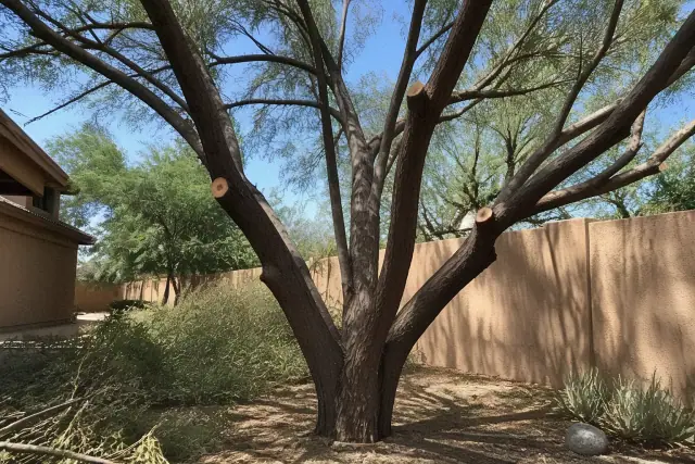 Lower tree branches being pruned near stucco walls in a Gilbert, AZ xeriscape yard.