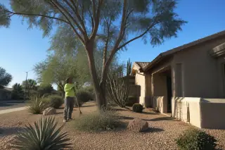 Professional inspecting a tree with clean pruning cuts and a small twig pile in a Phoenix, AZ xeriscape yard.