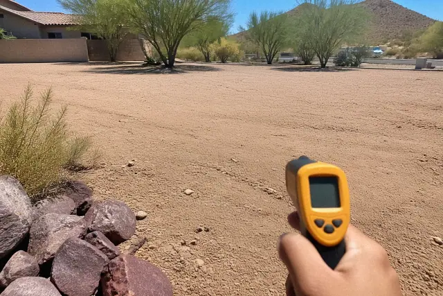 Infrared thermometer aimed at sun-baked rocks in a dusty, unshaded yard during a hot day in Phoenix, AZ.