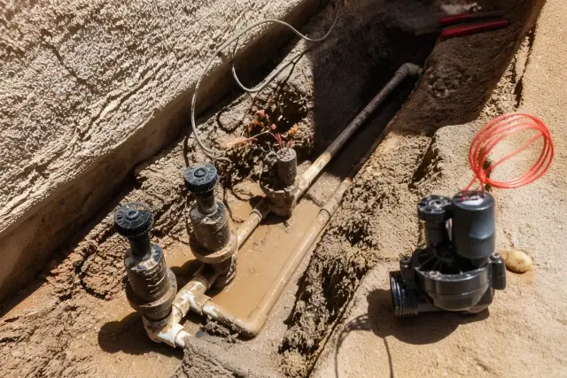 Irrigation pipe repair in a muddy trench with exposed wires and a new solenoid at a job site in Phoenix, AZ.
