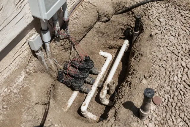 Irrigation repair showing valves, controllers, and wiring in an exposed trench in Phoenix, AZ.