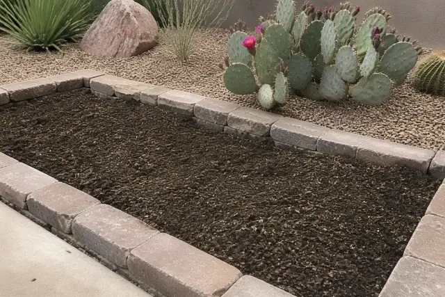 Stone-edged soil bed for water-efficient desert landscaping in Phoenix, AZ with cactus and granite mulch in the background.