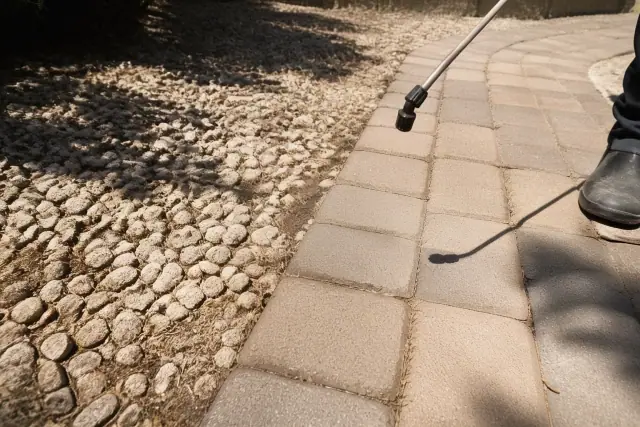 Technician using a spray wand to treat weeds between stone pavers on a path in Gilbert, AZ.