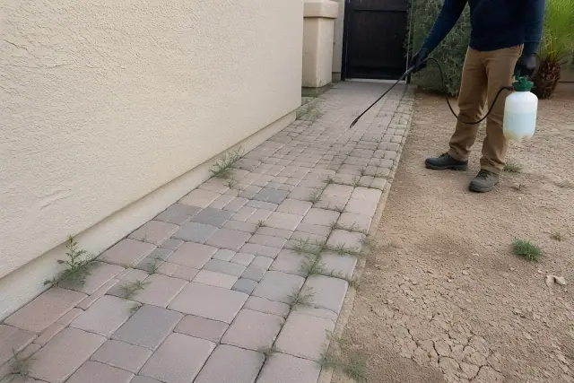 Technician applying herbicide to weeds between pavers on a cracked patio in Phoenix, AZ.