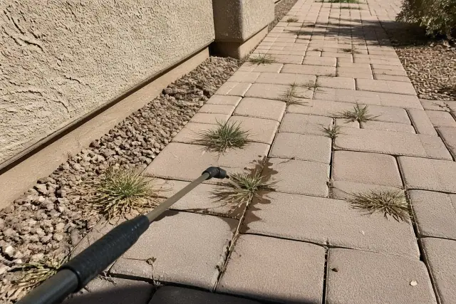 Handheld spray wand applying weed control to cracks in stone pavers at a job site in Phoenix, AZ.