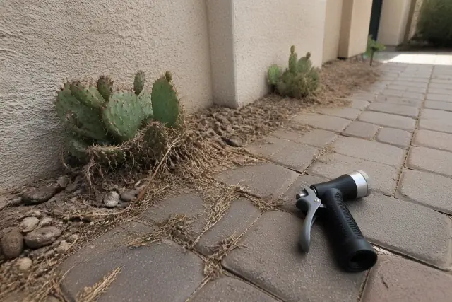 Dead weeds and a spray nozzle on paved ground during a weed control job in Glendale, AZ.