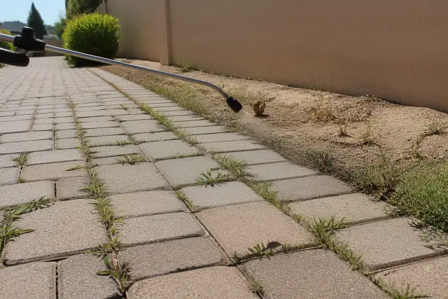 Technician spraying liquid herbicide on weeds between pavers in a Peoria, AZ landscape.