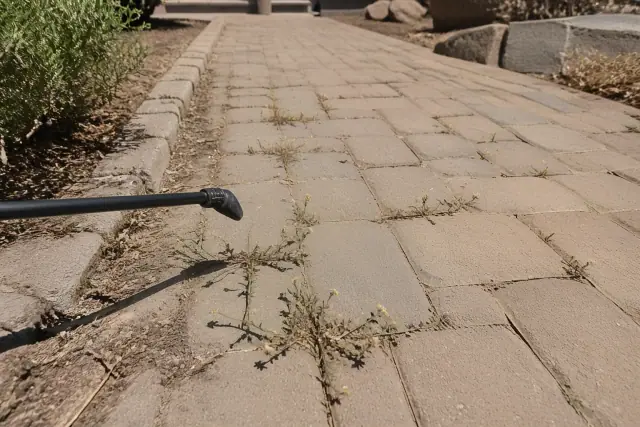 Contractor using a spray wand to treat weeds growing in stone joints in Mesa, AZ.