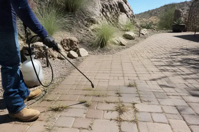 Technician applying weed control to cracks in a paved path in Cave Creek, AZ with Sonoran desert landscape.