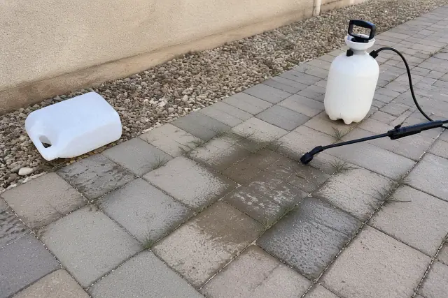 A pump sprayer applying weed control treatment to vegetation between pavers on a path in Chandler, AZ.