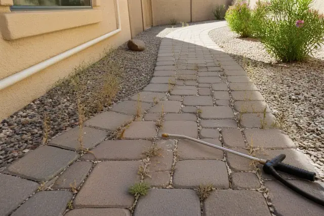 A sprayer wand treating wilted weeds between paved stones on a desert landscape in Phoenix, AZ.