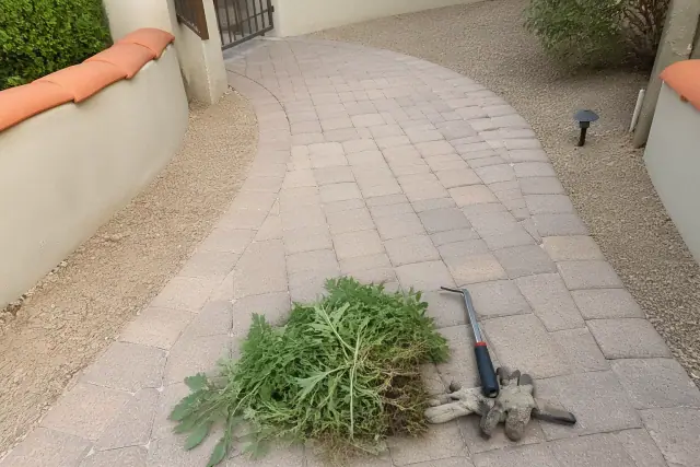 Hand tools and a pile of pulled weeds on a clean paved path in Paradise Valley, AZ.